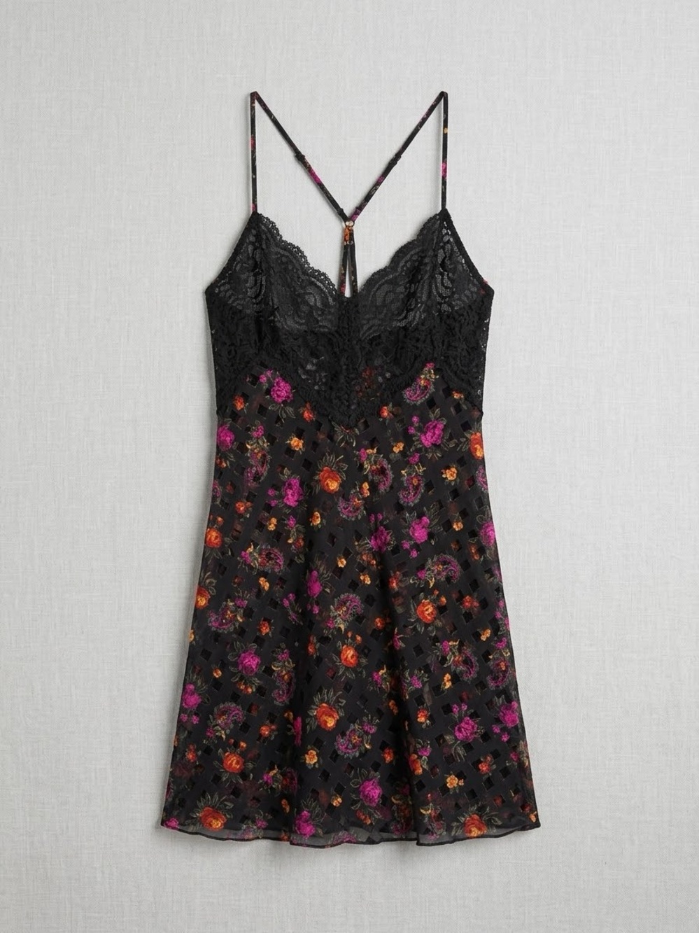 Versailles Vintage Floral Lace Camisole Slip Dress Y-Back Mesh Lace Trim